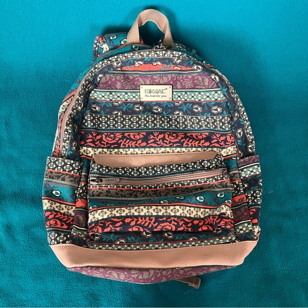 KINMAC Colorful Multi-Patterned Striped Backpack with Faux Leather Trim